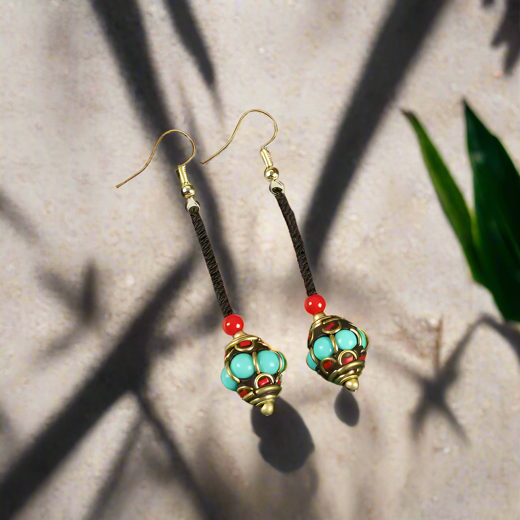 Sangye Circuit® Tibetan Turquoise & Coral Drop Earrings