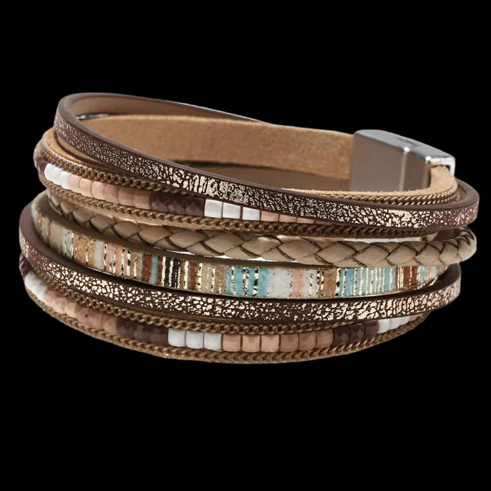Bohemian Woven Leather Wrap Bracelet with Magnetic Clasp