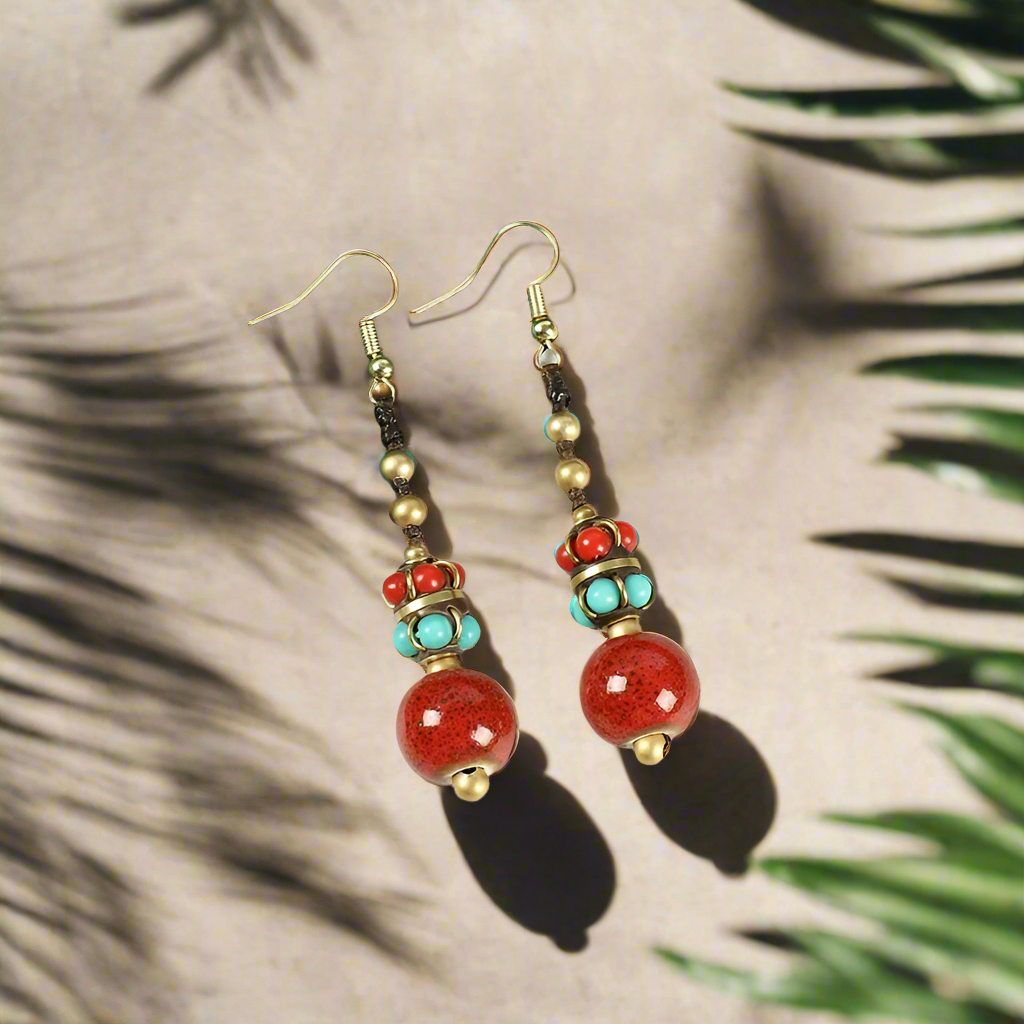 Sangye Circuit® Tibetan Red Agate Sphere Drops with Turquoise Accents