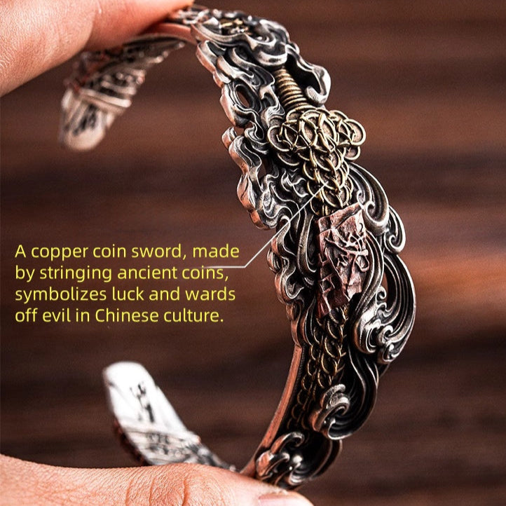 Tibetan Silver & Copper Bracelet with Coin & Sword Design
