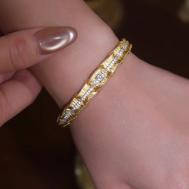 Imperial Ruffle Gold-Plated Silver Bangle with Pavé Detailing