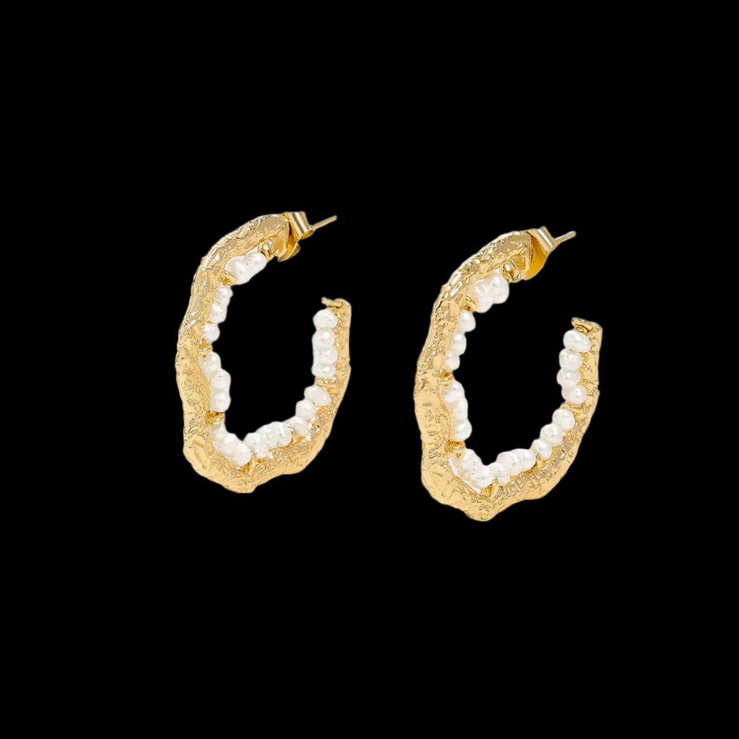 Textured Gold Hoop Earrings with Turquoise or Freshwater Pearls