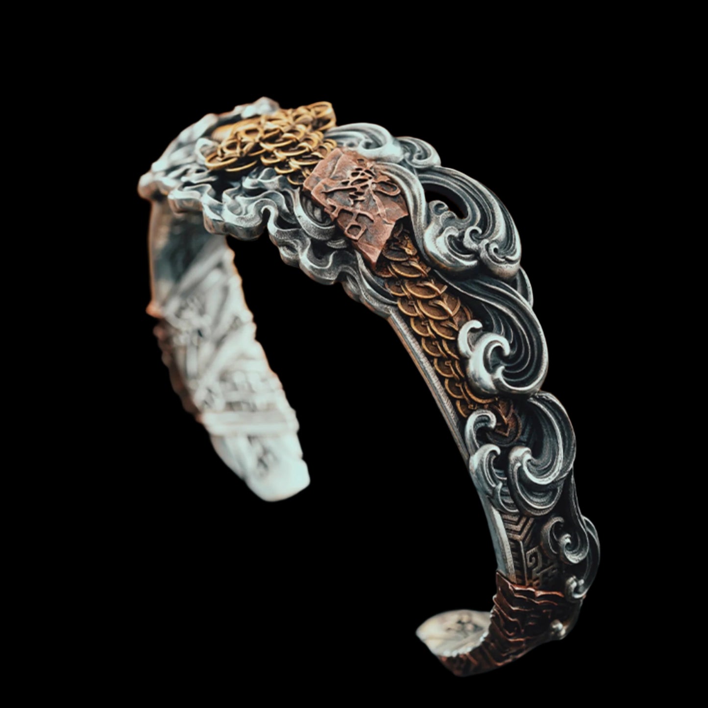 Tibetan Silver & Copper Bracelet with Coin & Sword Design
