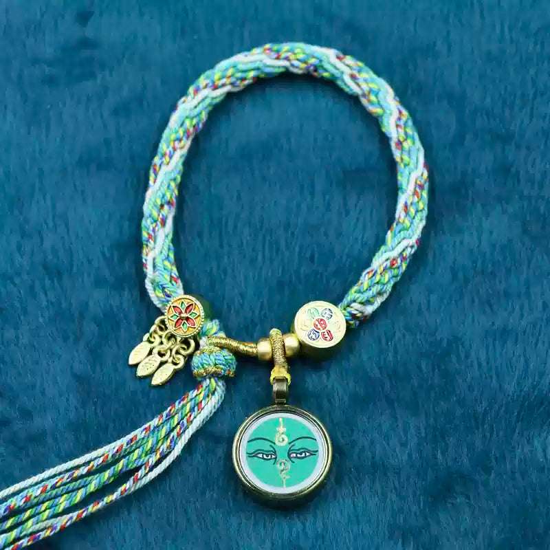 Hand-Painted Tibetan Thangka Zha Ki Ram Bracelet with Green Tara and Five Buddhas