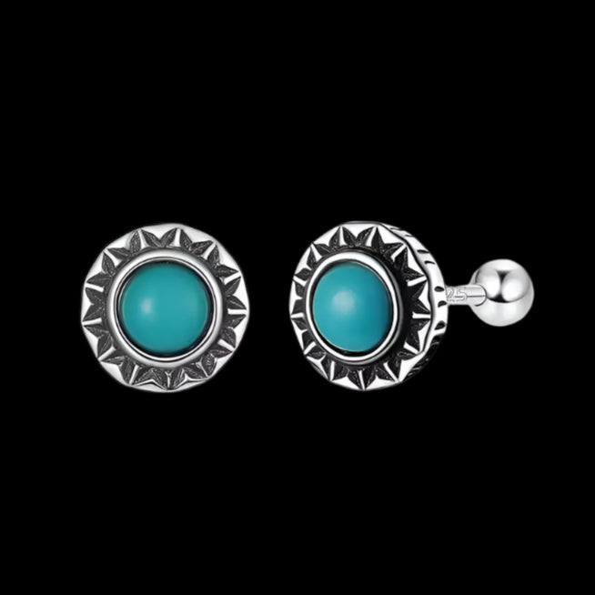 Tibetan Sterling Silver Stud Earrings with Turquoise Inlay