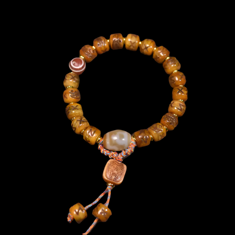 Circle of Life® Yak Bone Bracelet with Carved Symbols & Agate Accent