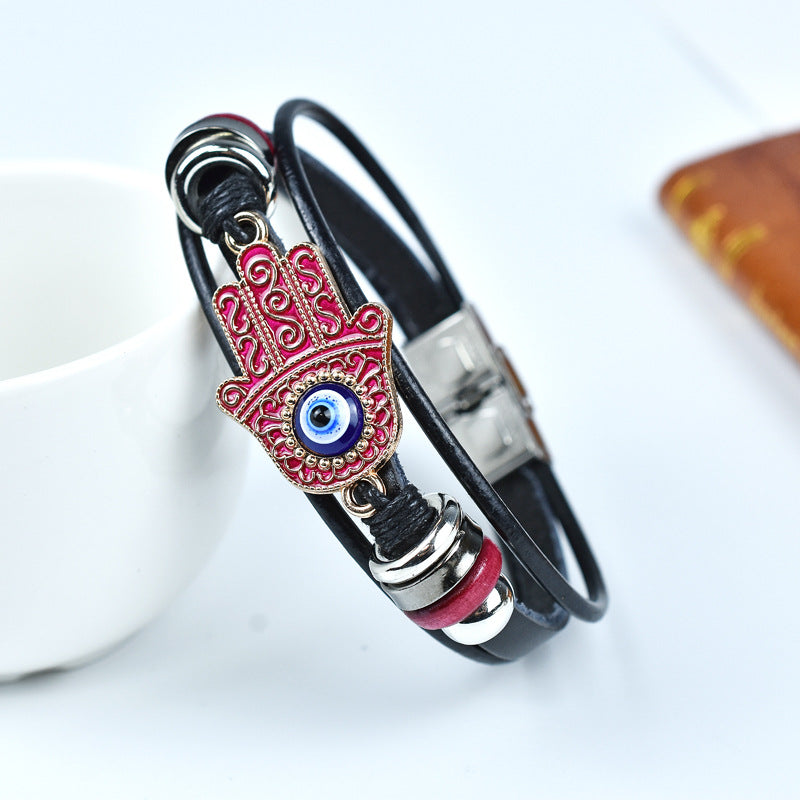 Leather Evil Eye Bracelet with Hamsa Hand – Adjustable Protection