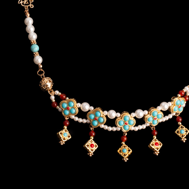 Cloisonné Tibetan Pearl Tassel Necklace with Gold Accents