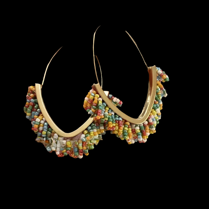 Boho Hoop Earrings with Multicolor Beaded Fringe and Gold Accent