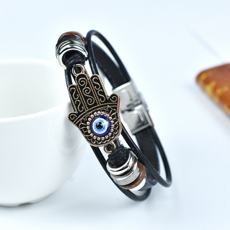 Leather Evil Eye Bracelet with Hamsa Hand – Adjustable Protection