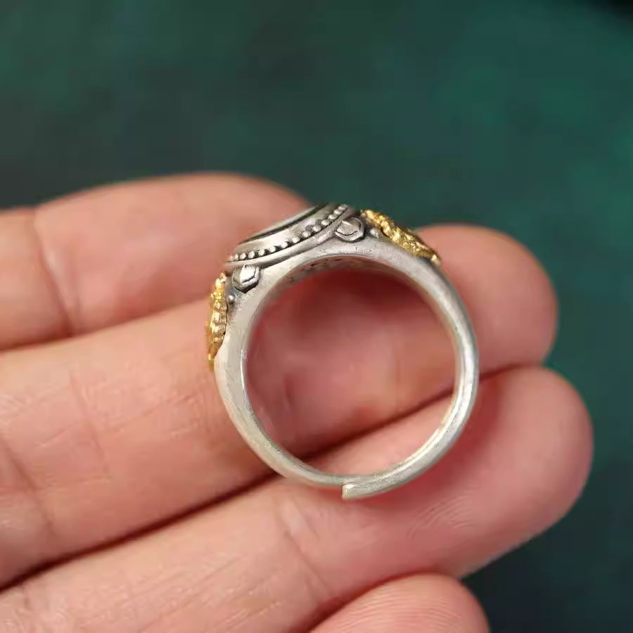 Third Eye Armor® Vajra Design Silver Ring with Dzi Bead