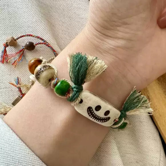 Funky Punky® Tibetan Smiling Face Bracelet with Carved Bone, Bodhi & Green Sandalwood