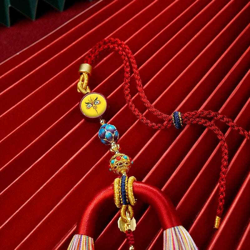 Five-Way Wealth God Sandalwood Tangka Car Pendant – Handwoven Spiritual Charm