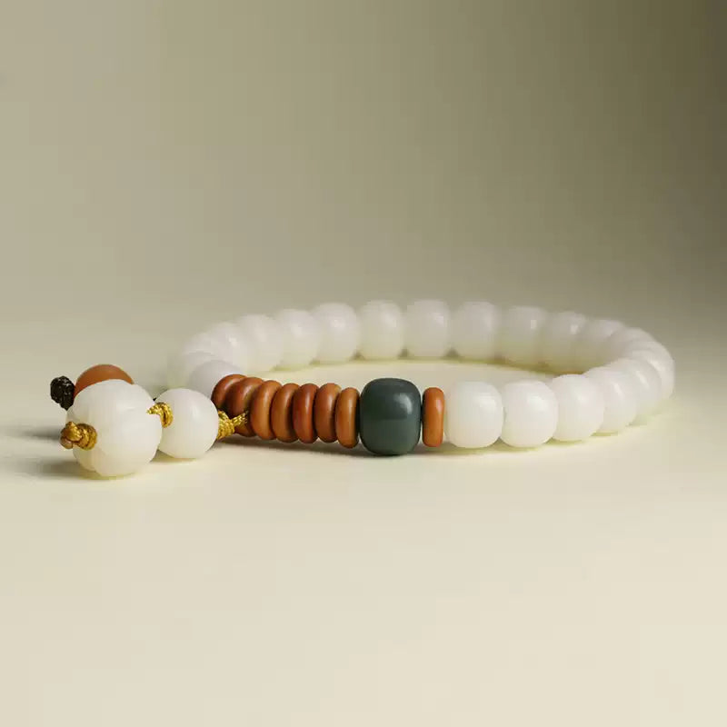 Tibetan White Bodhi Seed Bracelet with Jade & Ceramic Charms