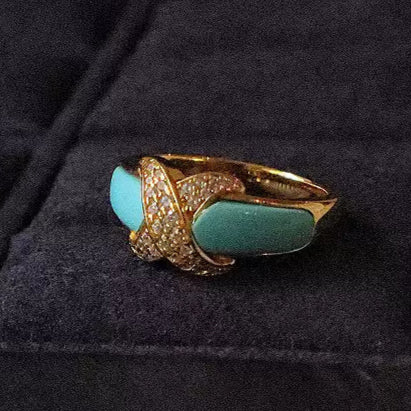 Turquoise Inlay Ring with Crystal Accents in Gold-Plated Silver