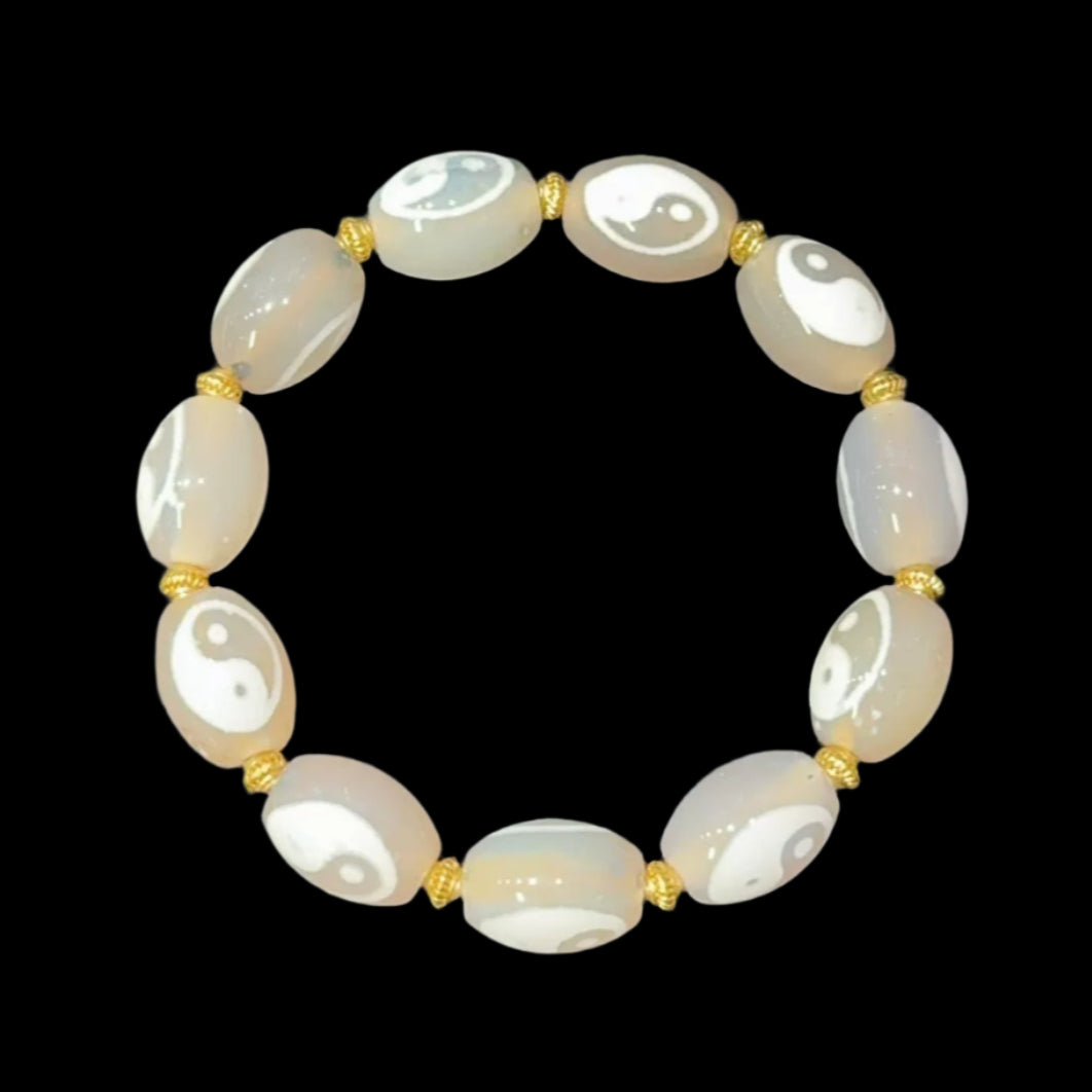 White Omen® Tibetan White Agate Dzi Bead Bracelet with Taiji