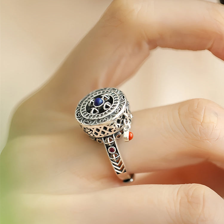 Tibetan S925 Silver Spinning Ring with Lapis and Six-Word Mantra