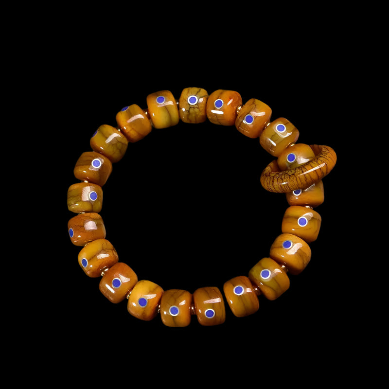 Tibetan Yak Bone Bracelet with Lapis Inlay and Protector Thangka Pendant