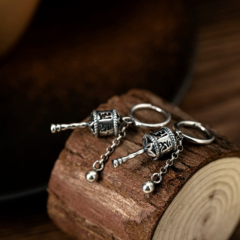 Tibetan S925 Silver Earrings with Six-Word Mantra Prayer Wheel