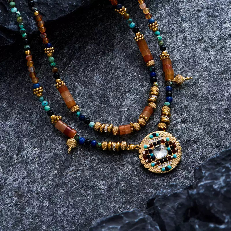 Tibetan Natural Stone Necklace – Turquoise, Lapis, Carnelian, Agate