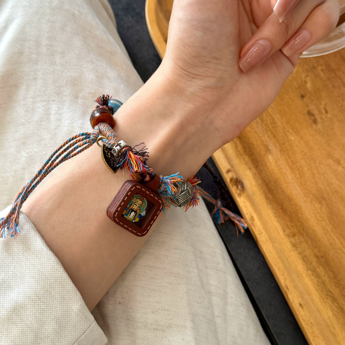 Tibetan Handmade Bracelet with Thangka, Yak Bone, Glass & Silver