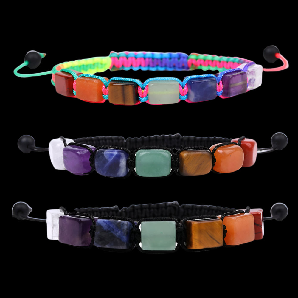 Tibetan Chakra Bracelet – Square Gemstone Beads, Adjustable Rope