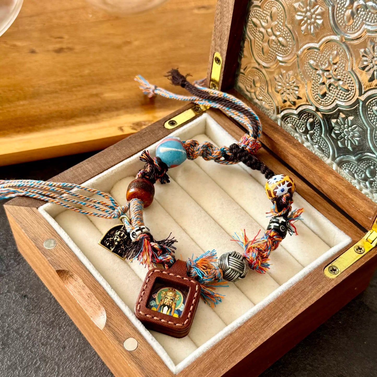 Tibetan Handmade Bracelet with Thangka, Yak Bone, Glass & Silver