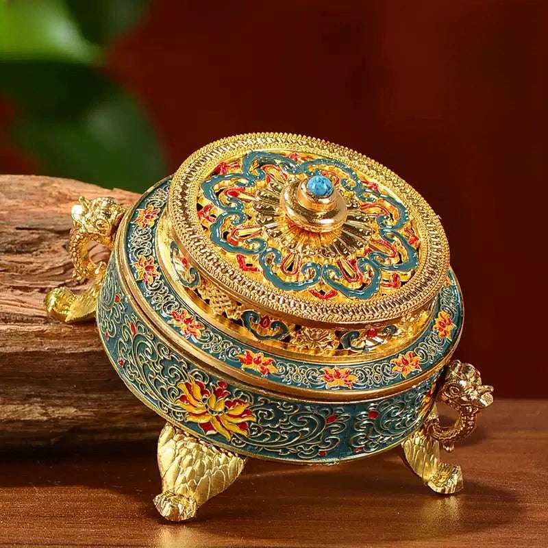 Enamel Painted Copper Incense Burner – Carved Brass Lotus Design for Home Meditation and Aromatherapy