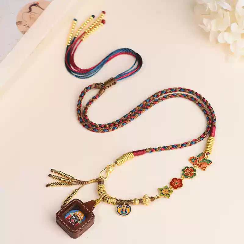 Handcrafted Tibetan Pendant Necklace with Thangka, Silk Cord & Enamel