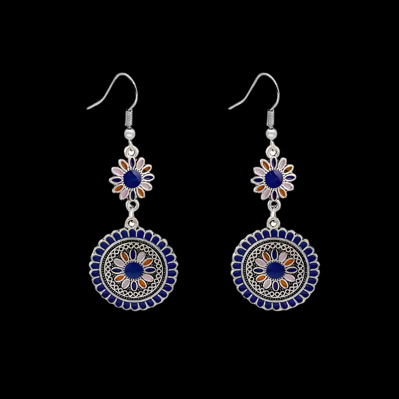 Tibetan Sunflower Drop Earrings – Silver-Plated Enamel Design