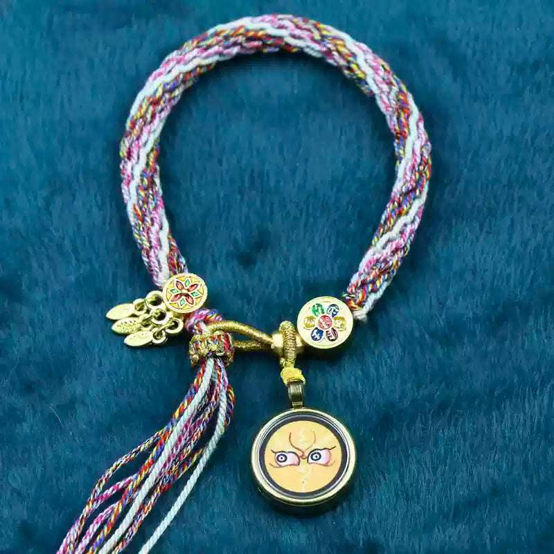 Hand-Painted Tibetan Thangka Zha Ki Ram Bracelet with Green Tara and Five Buddhas