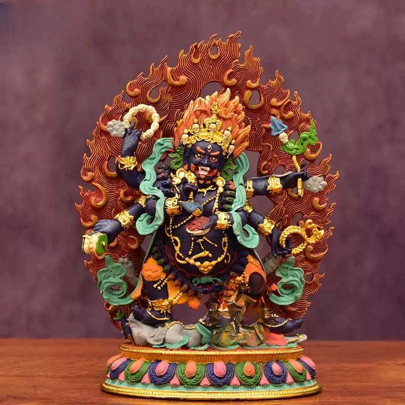 Mahakala Six-Armed Statue – Tibetan Buddhist Protector Figure with Copper and Hand-Painted Detailing