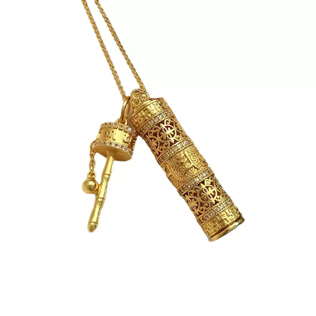 Tibetan Gilded Prayer Wheel Pendant with Six-Syllable Mantra