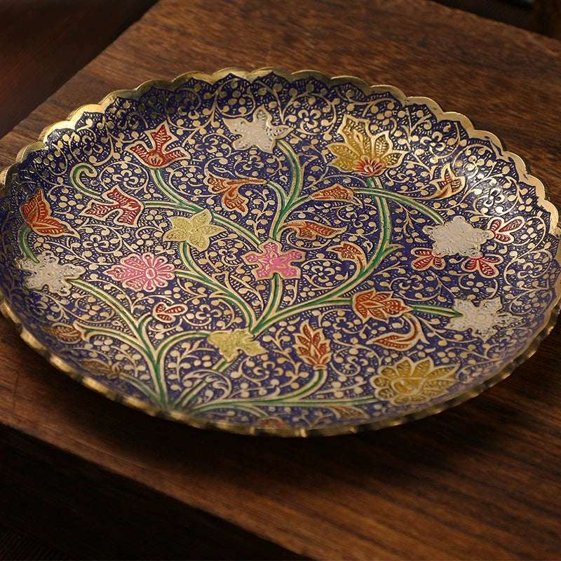 Tibetan Brass Decorative Plate - Hand-Painted Enamel with Lotus & Mandala Designs