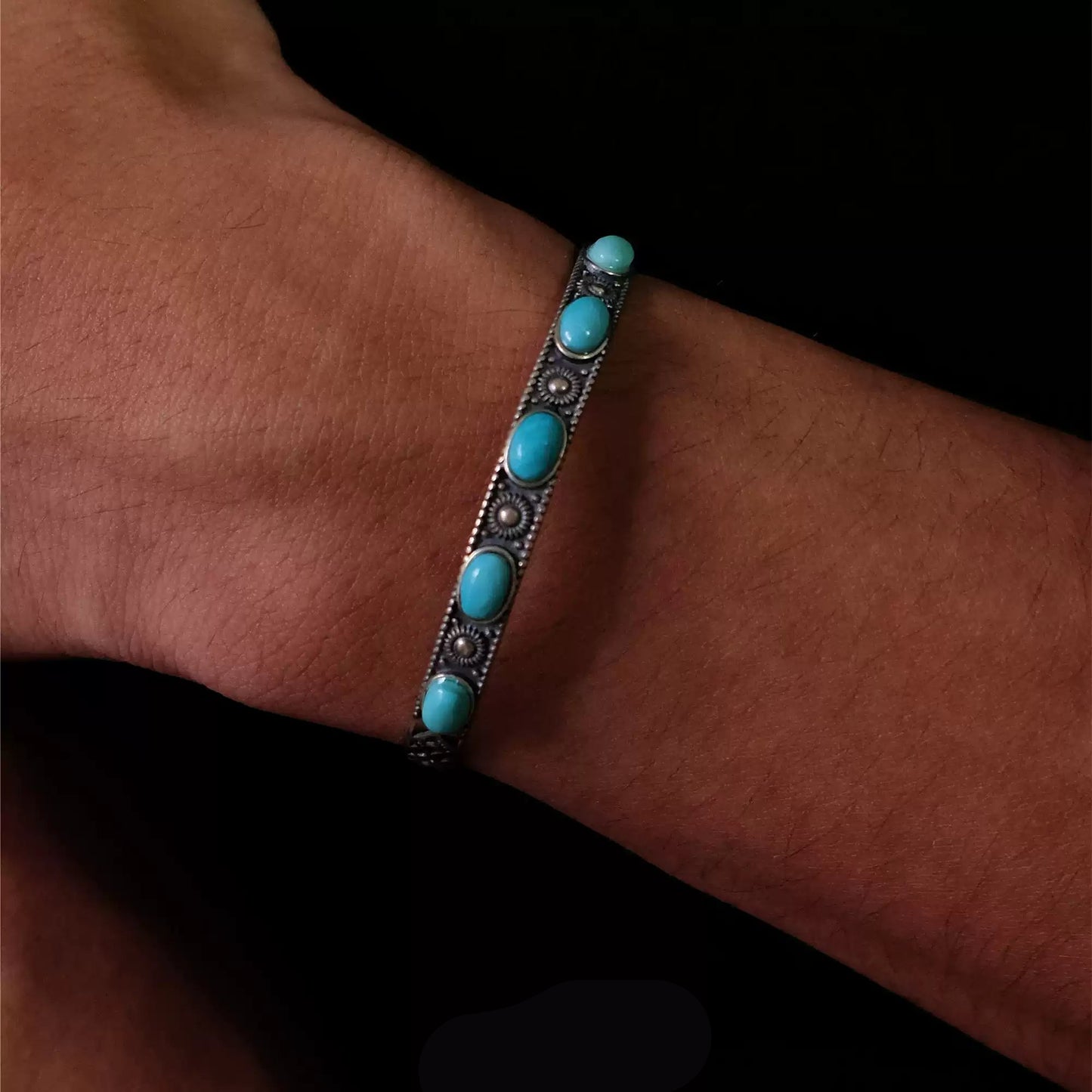 Tibetan 925 Silver Cuff Bracelet with Natural Turquoise