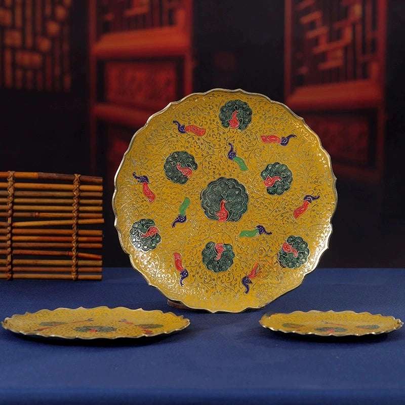 Tibetan Copper Offering Plate - Hand-Painted Enamel with Auspicious Patterns