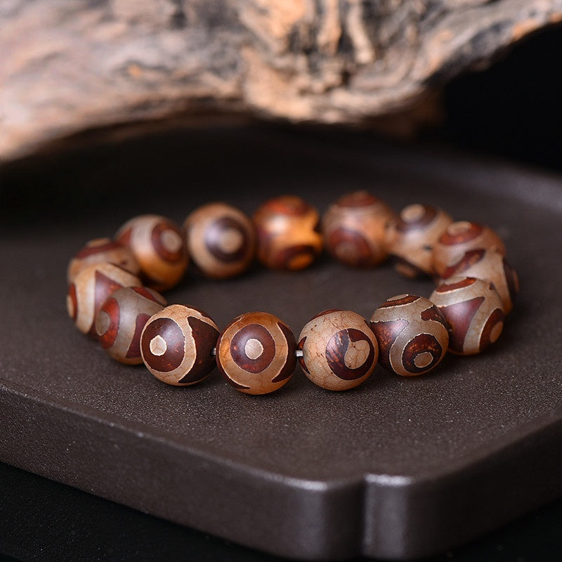 Tibetan Dzi Agate Bracelet with 3-Eye and 9-Eye Beads