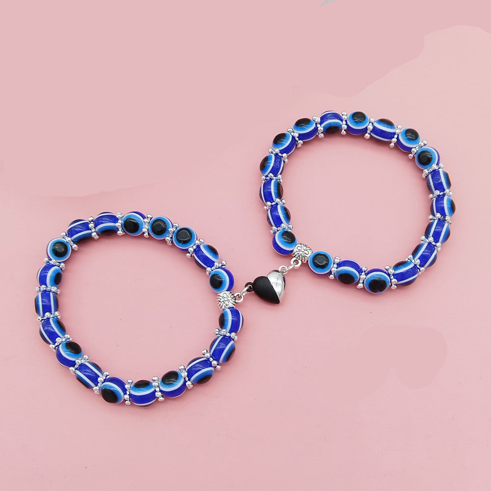 Tibetan Blue Evil Eye Couple Bracelet with Magnetic Heart Clasp