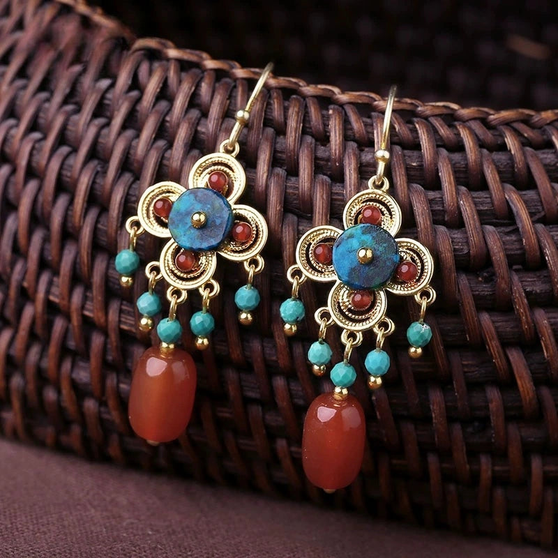 Tibetan Filigree Drop Earrings with Carnelian & Turquoise Beads