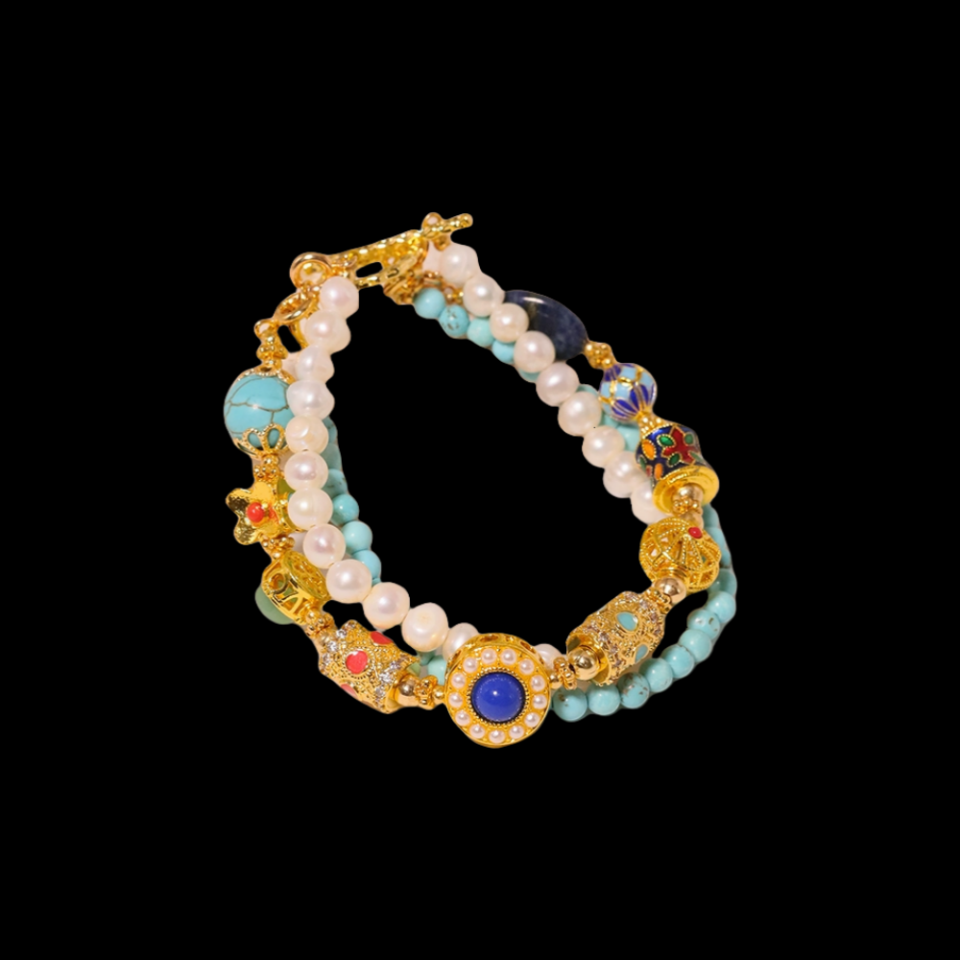 Tibetan Cloisonné & Turquoise Bracelet with Pearls & Gold Charms