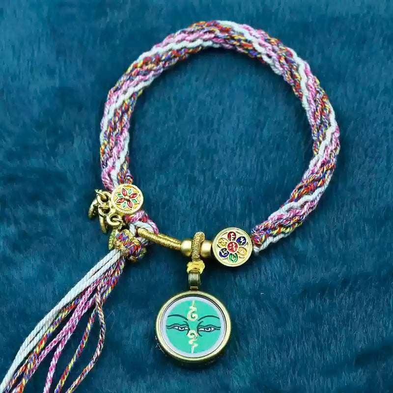 Hand-Painted Tibetan Thangka Zha Ki Ram Bracelet with Green Tara and Five Buddhas