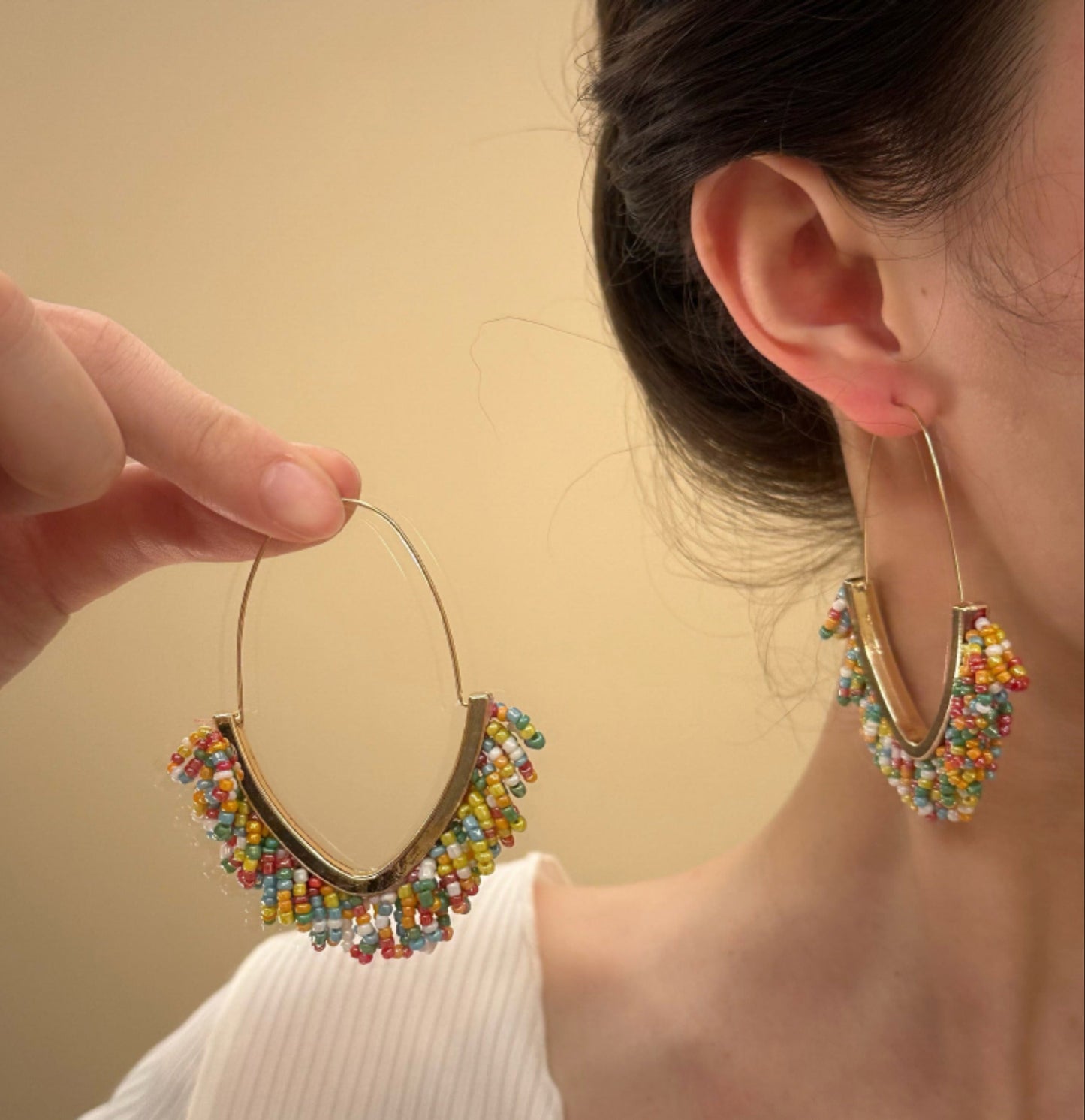 Boho Hoop Earrings with Multicolor Beaded Fringe and Gold Accent