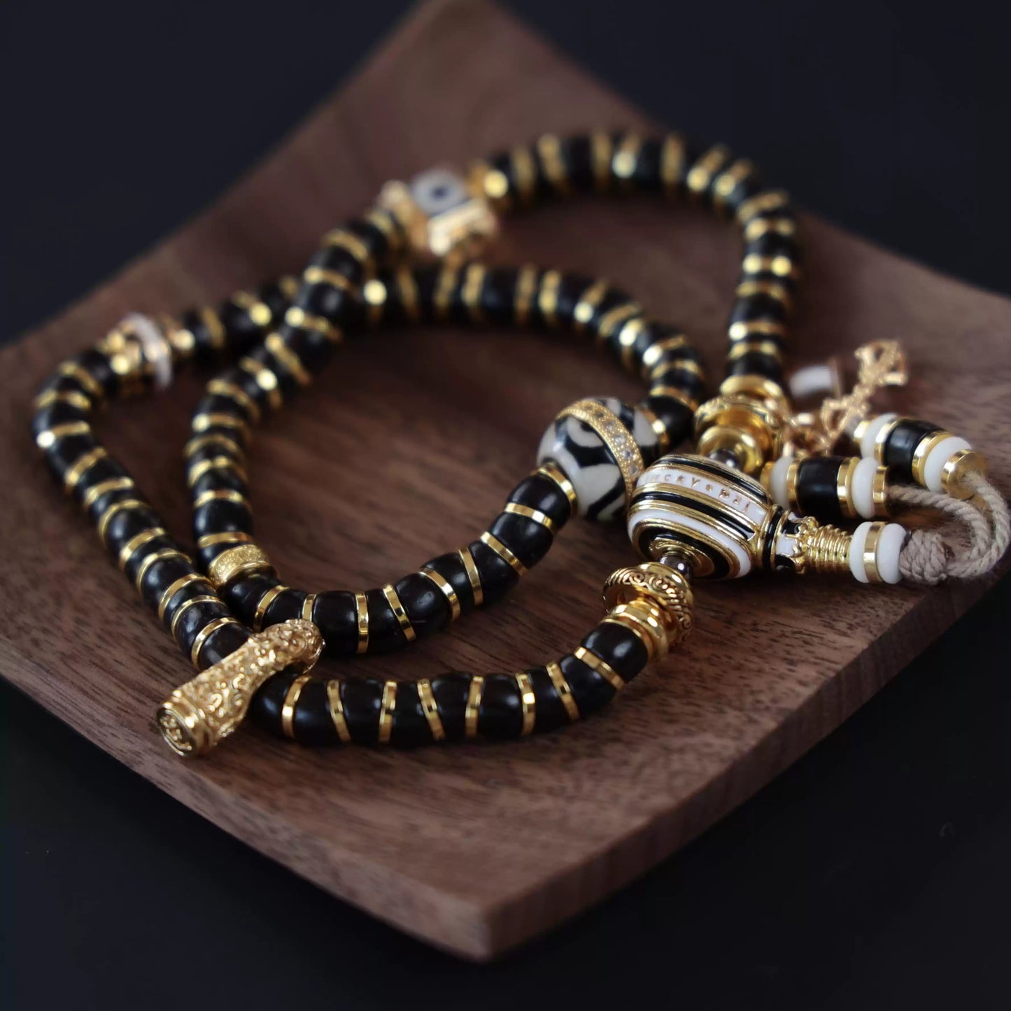 Tibetan Coconut Shell Double-Wrap Bracelet with Brass Accents