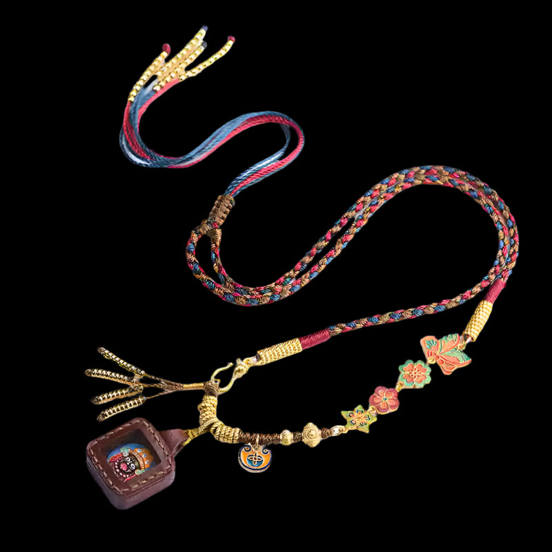 Handcrafted Tibetan Pendant Necklace with Thangka, Silk Cord & Enamel