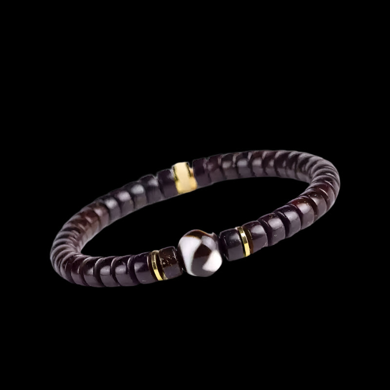 Black Coconut Shell Bracelet with Dzi Bead and Pill Disc Accents