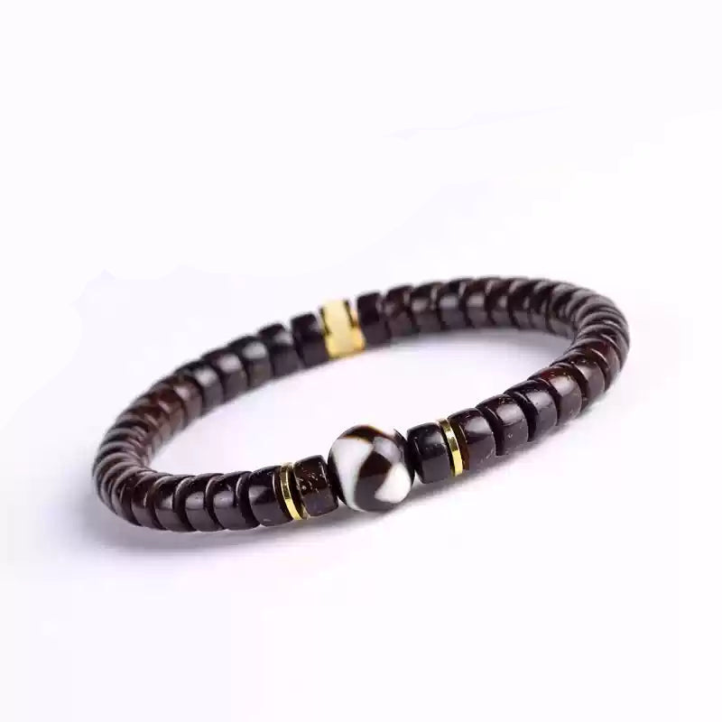 Black Coconut Shell Bracelet with Dzi Bead and Pill Disc Accents