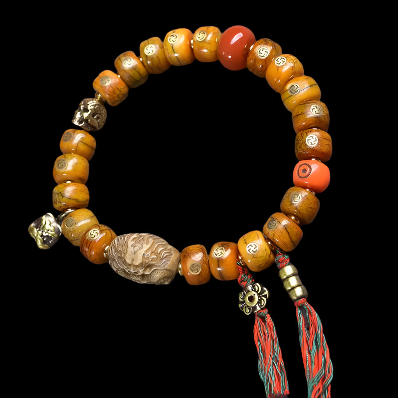 Tibetan Yak Bone Bracelet with Brass Swastika Inlay and Buddhist Accents