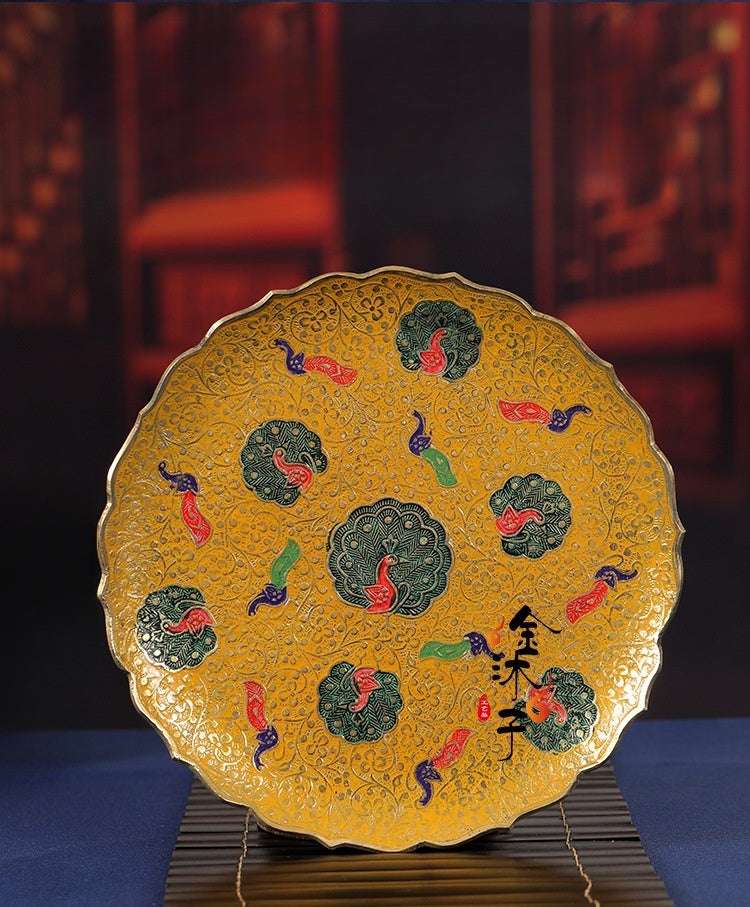 Tibetan Copper Offering Plate - Hand-Painted Enamel with Auspicious Patterns