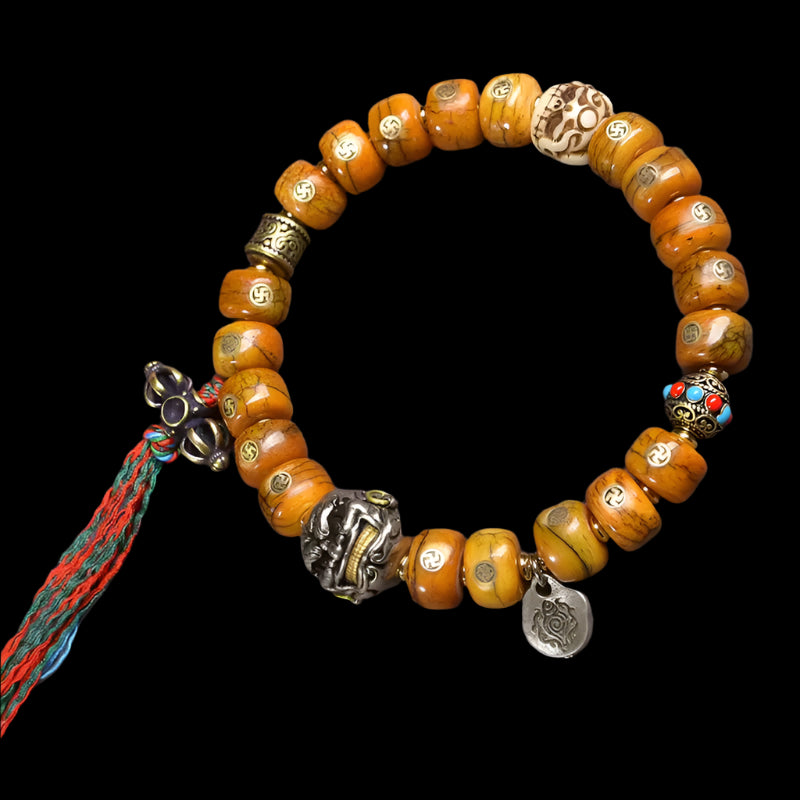 Tibetan Yak Bone Bracelet with Brass Swastika Inlay and Buddhist Accents