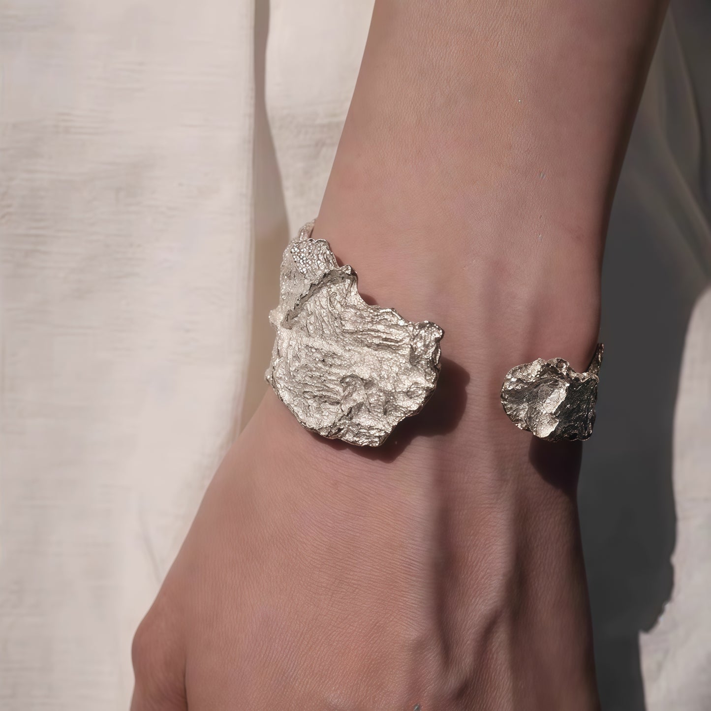 Handcrafted Silver Textured Cuff Bracelet with Organic Design